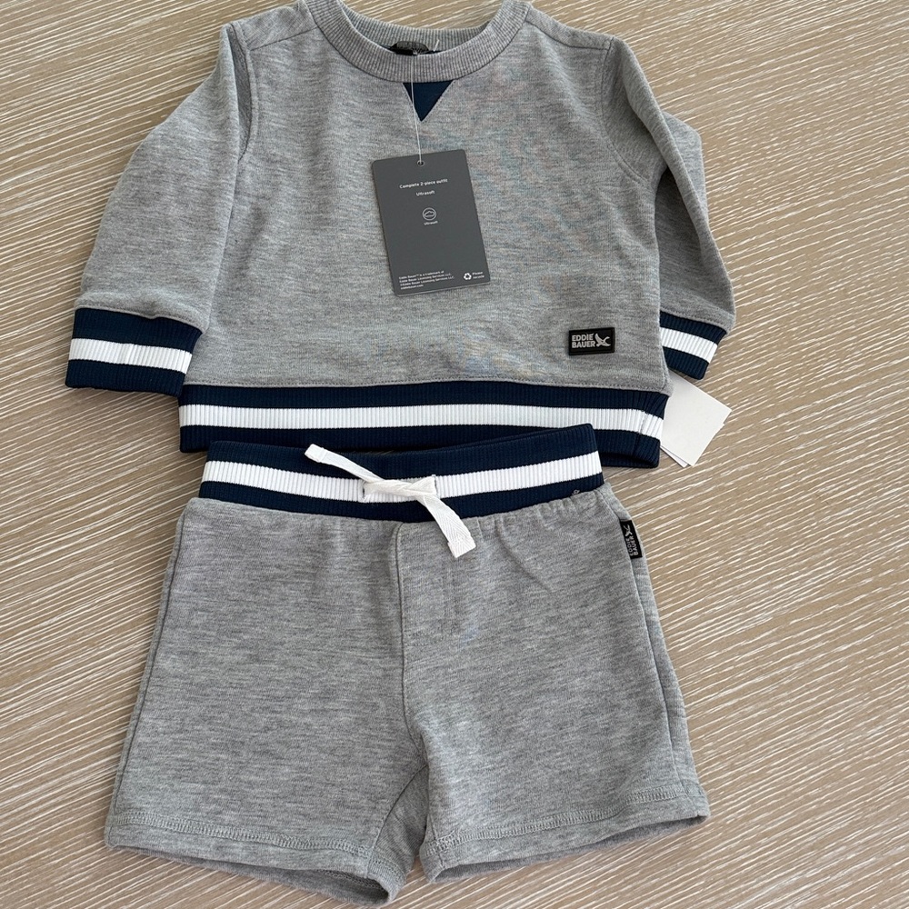 Eddie Bauer Grey Baby Boy Sweatshirt Hoodie and Shorts Set with Navy Trim 12 M - Picture 9 of 9